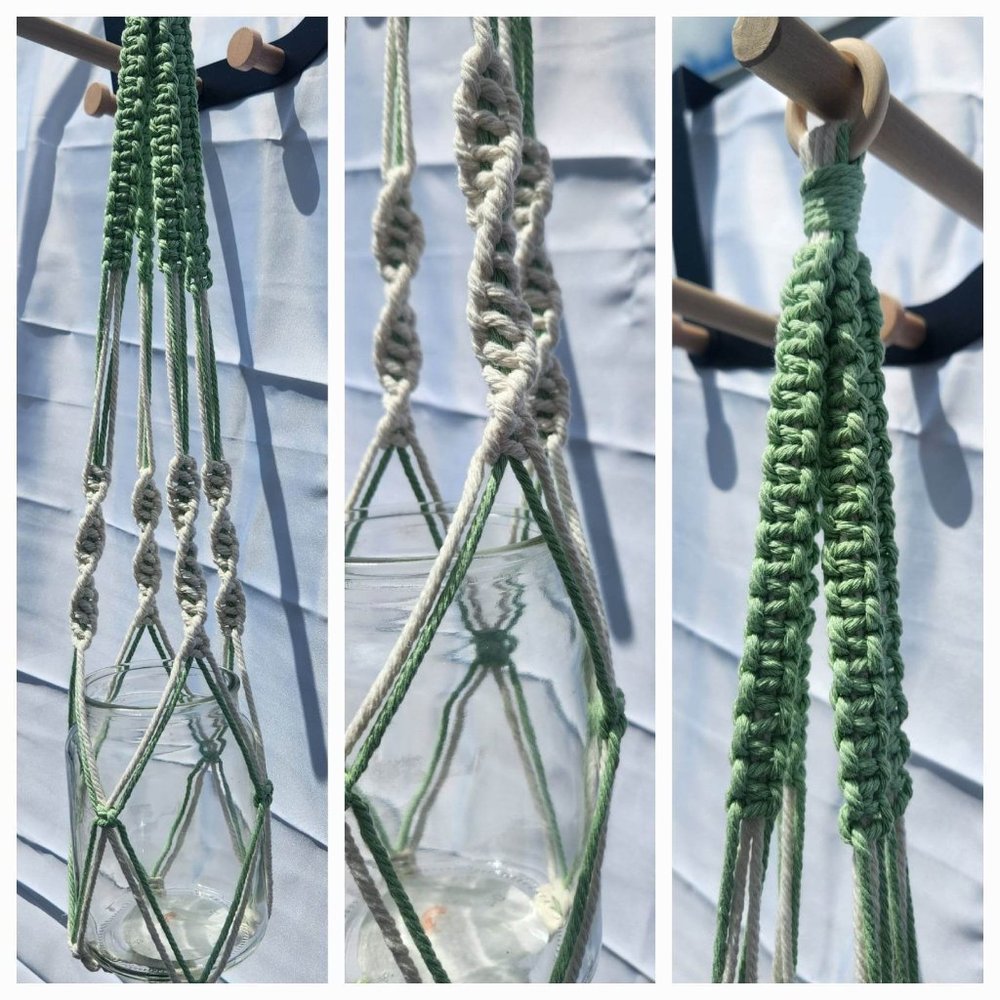 Handmade Homemade Macrame Plant Hanger in Mint Green & White